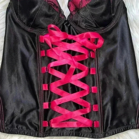 Cacique Corset Top Black Satin Neon Pink with Front Ribbon 14/16 - Picture 6 of 9